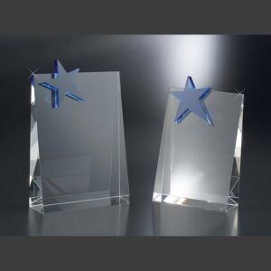 Clear crystal star plaques with beveled edges on a reflective surface, ideal for corporate or employee achievement awards.
