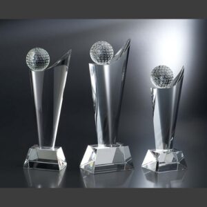 Winchester Crystal Golf Trophies with golf ball tops, ideal for corporate or employee achievement recognition.