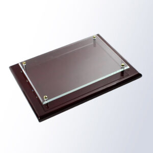 Crystal plaque with rosewood piano finish, clear acrylic front and metal corner accents, ideal for employee recognition awards.