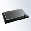 Crystal piano-finished plaque with black wood base and metal standoffs, suitable for corporate or employee recognition.