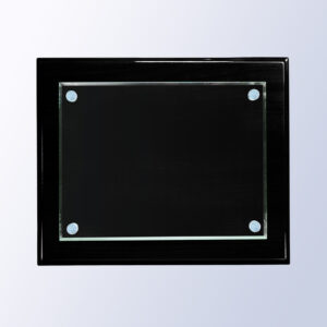 Black piano finish crystal glass plaque with clear plate, ideal for corporate recognition or milestone awards.