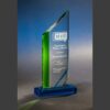 Crystal trophy with green and blue accents, ideal for corporate achievement or employee recognition awards.
