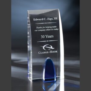 Crystal award trophy with engraved text, blue accent base; ideal for corporate or milestone recognition, glass construction.