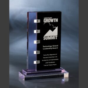 Rectangular crystal trophy on glass base, engraved for technology leadership achievement or corporate recognition.