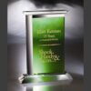 Crystal trophy with green panel, engraved for 25 Years of Service, ideal for corporate milestone recognition.