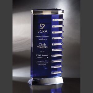 Crystal trophy with blue and clear glass, modern angular design, ideal for corporate or employee achievement recognition.