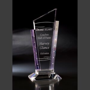 Crystal award plaque engraved for Drake Relays Coaches Hall of Fame, honoring Harvey Glance of Alabama. Presented by ASICS.