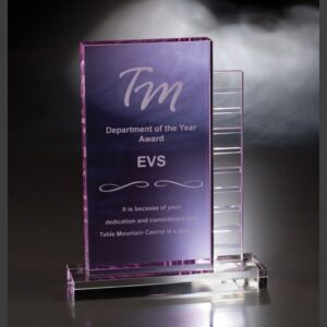 Crystal award with purple accents engraved for TM Department of the Year, honoring employee dedication at Table Mountain Casino.