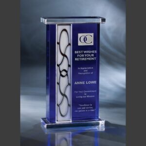 Crystal retirement plaque with blue accents, honoring commitment and service; ideal for employee or corporate recognition.