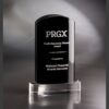Crystal trophy with black and clear glass, PRGX Profit Discovery Pioneer Award for Walmart, corporate achievement.
