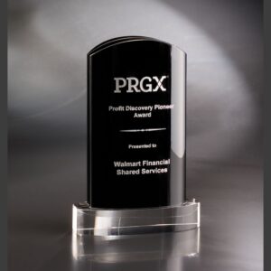 Crystal trophy with black and clear glass, PRGX Profit Discovery Pioneer Award for Walmart, corporate achievement.