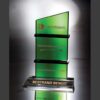 Crystal glass architectural award trophy on black base, engraved for Best Architectural Visualization, recognizing achievement.