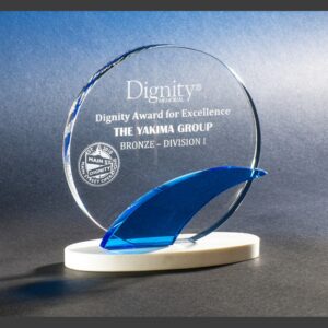 Crystal glass award with blue accent, white base, and Dignity Award for Excellence inscription; ideal for corporate recognition.