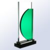 Crystal award trophy with clear rectangular glass and green accent on black base, ideal for corporate or employee recognition.