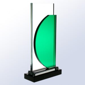 Crystal award trophy with clear rectangular glass and green accent on black base, ideal for corporate or employee recognition.