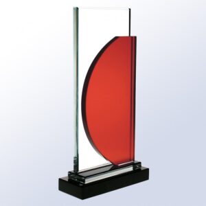 Crystal award trophy with clear glass pane, red accent, and black base for corporate or employee recognition.