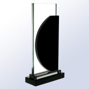 Crystal and black acrylic trophy with rectangular glass panel, curved accent, and black base—ideal for corporate recognition.