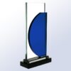 Crystal award trophy with rectangular glass panel and blue accent on black base, ideal for corporate recognition.