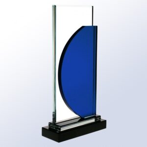 Crystal award trophy with rectangular glass panel and blue accent on black base, ideal for corporate recognition.
