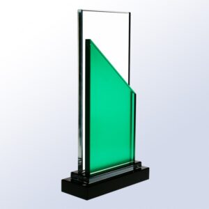 Crystal plaque award with clear glass panel and green accent on black base, ideal for corporate recognition or employee milestones.