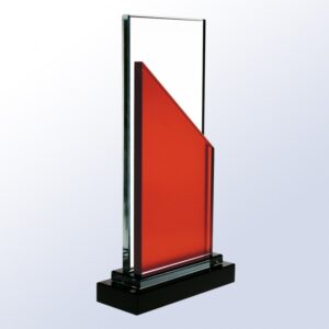 Crystal plaque award with clear glass panel, red accent, and black base; ideal for corporate recognition or achievement.