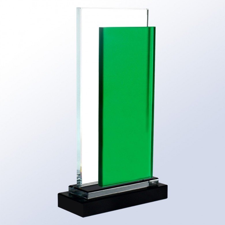 Crystal rectangle plaque with green glass panel on black base, ideal for corporate or employee recognition awards.