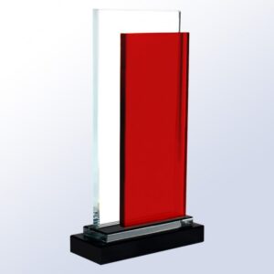 Crystal rectangle award with clear and red glass panels on black base, ideal for corporate or employee recognition.
