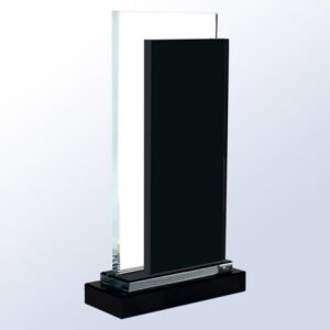 Crystal rectangular trophy with black glass front panel on black base, ideal for corporate or employee recognition awards.