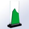 Crystal trophy with green geometric design on rectangular glass, black base; ideal for corporate or achievement recognition.