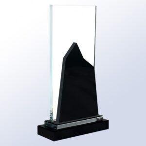 Crystal award trophy with jagged black mountain design, rectangular glass, on sleek black base; ideal for corporate recognition.