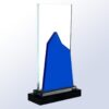 Crystal trophy with blue accent, rectangular glass design on black base, ideal for corporate recognition or achievement awards.
