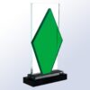 Crystal trophy with green diamond accent on black base, ideal for corporate or employee recognition awards.