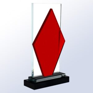 Crystal diamond award with red accent on black base, ideal for corporate or employee recognition.