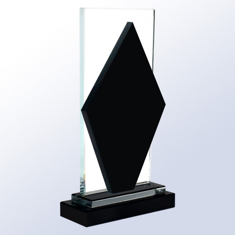 Crystal plaque with black diamond accent on black base, ideal for corporate recognition or employee achievement awards.