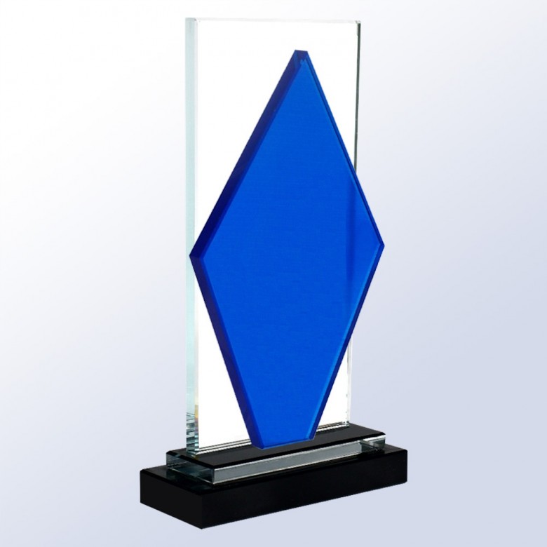 Crystal award with blue diamond center on black base, ideal for corporate recognition or employee achievement.