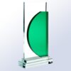 Crystal trophy with clear rectangular body, green half-moon accent, and layered base; ideal for corporate or employee recognition.