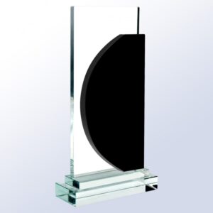 Crystal plaque with clear base and black half moon accent, ideal for corporate recognition or employee achievement awards.