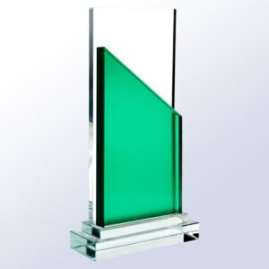 Green Sail Award crystal trophy with green geometric accent, clear base; ideal for corporate or employee recognition.