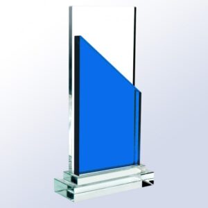 Blue Sail crystal trophy with blue accent on clear base, ideal for corporate recognition or achievement awards.