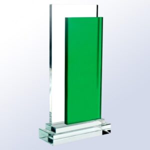 Crystal plaque with thick upright green glass panel on layered clear base, ideal for corporate or employee achievement awards.