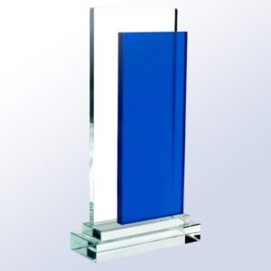 Crystal rectangle trophy with bold blue accent on clear base, ideal for corporate or employee recognition awards.