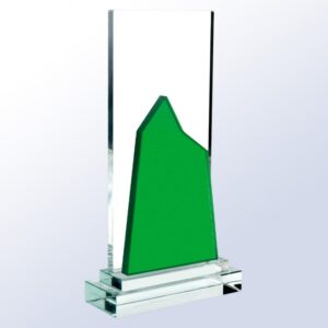 Clear glass crystal trophy with green geometric accent on rectangular base, ideal for corporate or employee recognition awards.