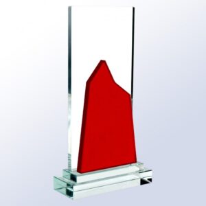Crystal trophy with red geometric accent on clear base, ideal for corporate recognition or milestone awards.