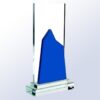 Crystal award trophy with clear rectangular glass, blue geometric accent, and angled peak; ideal for corporate recognition.