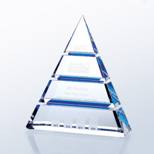 Crystal pyramid award with blue accents, customized for corporate achievement and quarterly milestone recognition.
