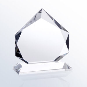 Prestige Diamond Crystal Trophy with faceted pentagon design on glass base, ideal for corporate or employee recognition awards.