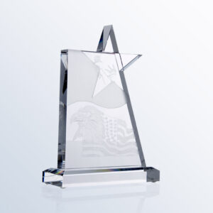 Crystal star award trophy with eagle and American flag etching, perfect for corporate or employee recognition.