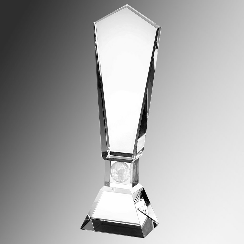 Clear crystal trophy with faceted sides and wide base, ideal for corporate or employee recognition, on gray gradient background.