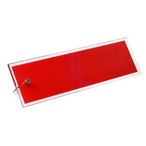 Crystal rectangular nameplate award with a red accent and metal knob, ideal for corporate recognition or milestone achievements.