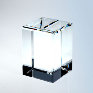 Crystal trophy with beveled clear glass design on glossy base, reflecting prismatic colors, ideal for corporate recognition.
